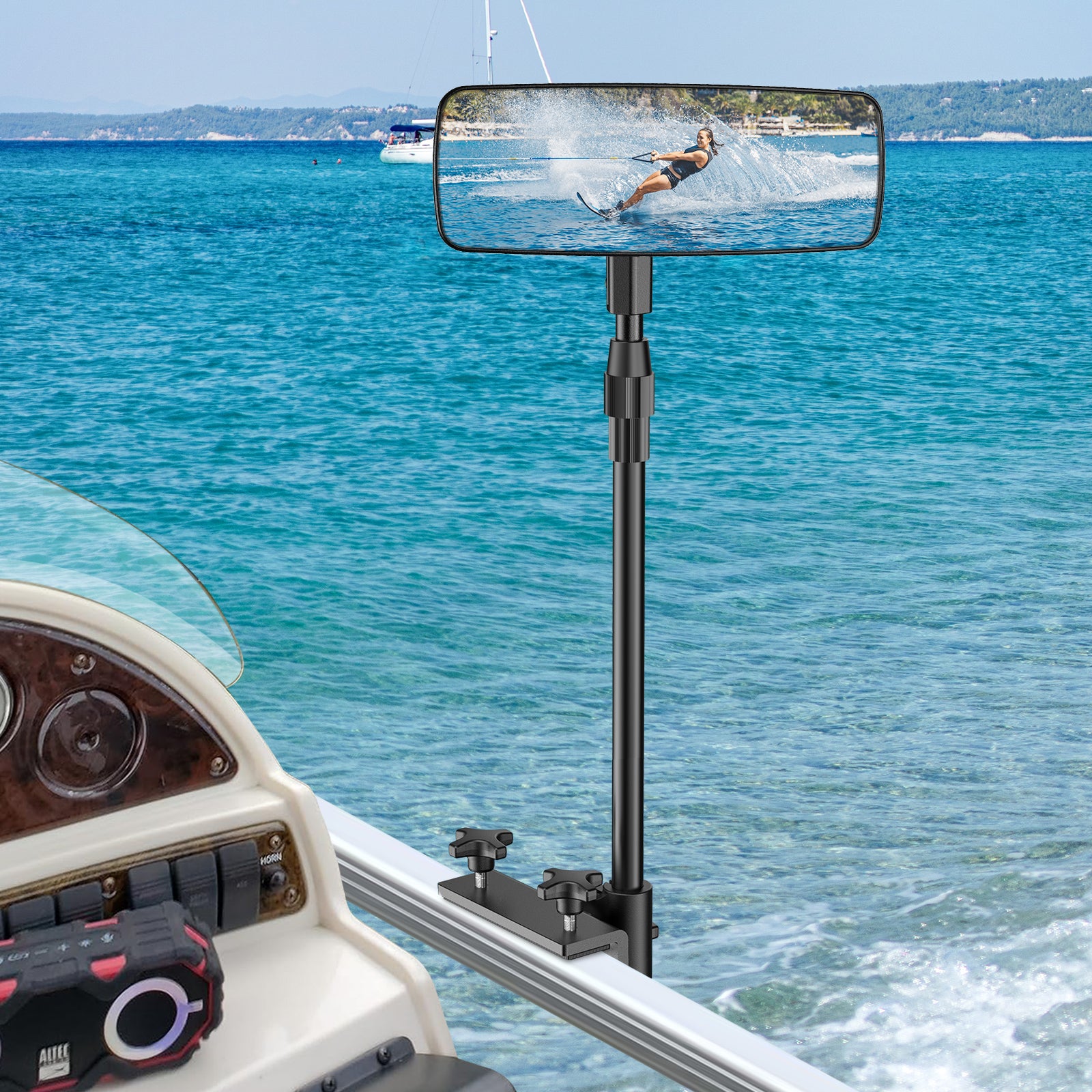 Boat Mirror, Upgraded Pontoon Boat Rear View Mirror with Telescopic Pole & Heavy Duty Bracket ,Wide Angle Adjustable Marine Rear View Mirror for Pontoon Boat Ski Boats Water Skiing