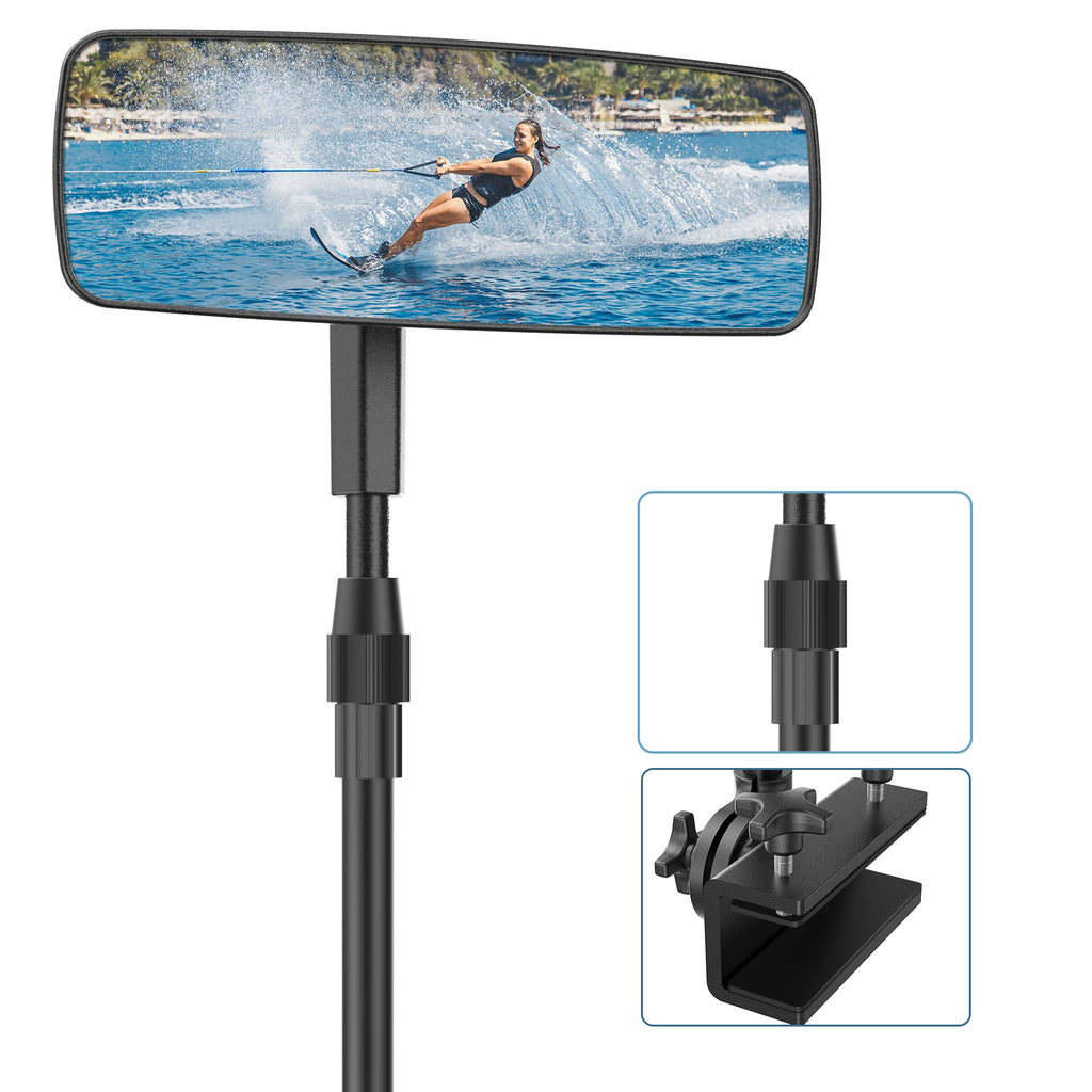 Boat Mirror, Upgraded Pontoon Boat Rear View Mirror with Telescopic Pole & Heavy Duty Bracket ,Wide Angle Adjustable Marine Rear View Mirror for Pontoon Boat Ski Boats Water Skiing