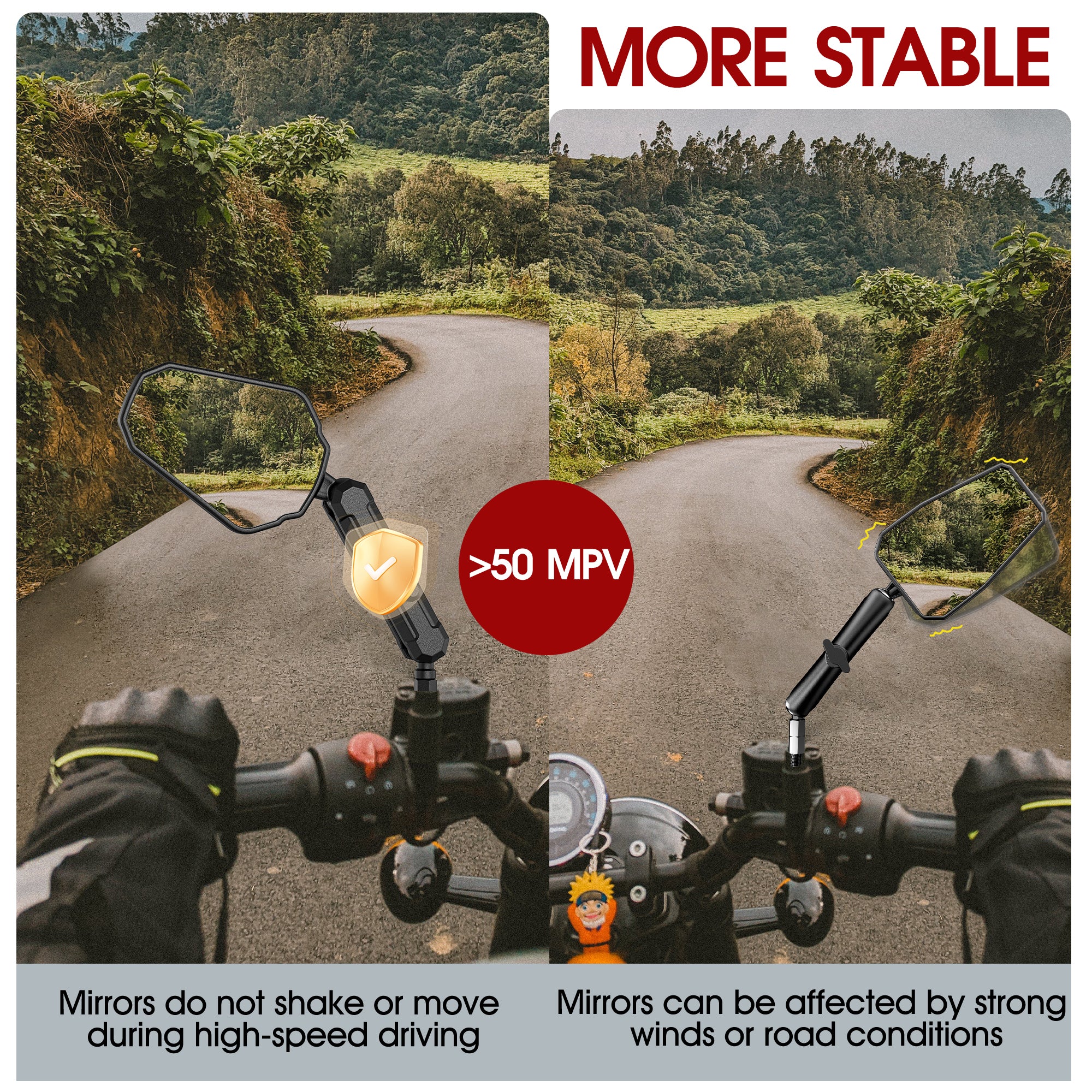 Upgraded Adventure Motorcycle Mirrors, Ball-Head ATV Rear View Mirror No Vibration & Wobble With 8/10MM Screw and 7/8" Handlebar Aluminum Mount Compatible with ATV Dirt Bike and More