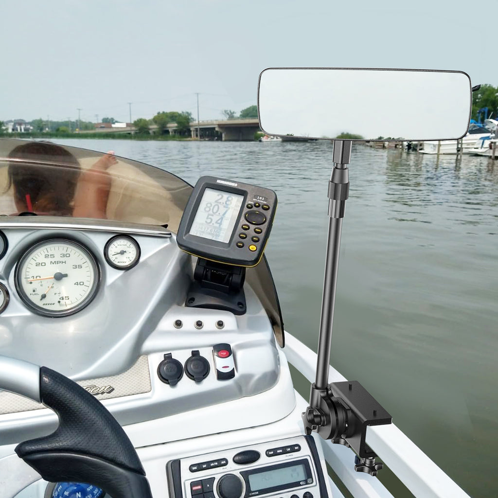 Boat Mirror, Upgraded Pontoon Boat Rear View Mirror with Telescopic Pole & Heavy Duty Bracket ,Wide Angle Adjustable Marine Rear View Mirror for Pontoon Boat Ski Boats Water Skiing