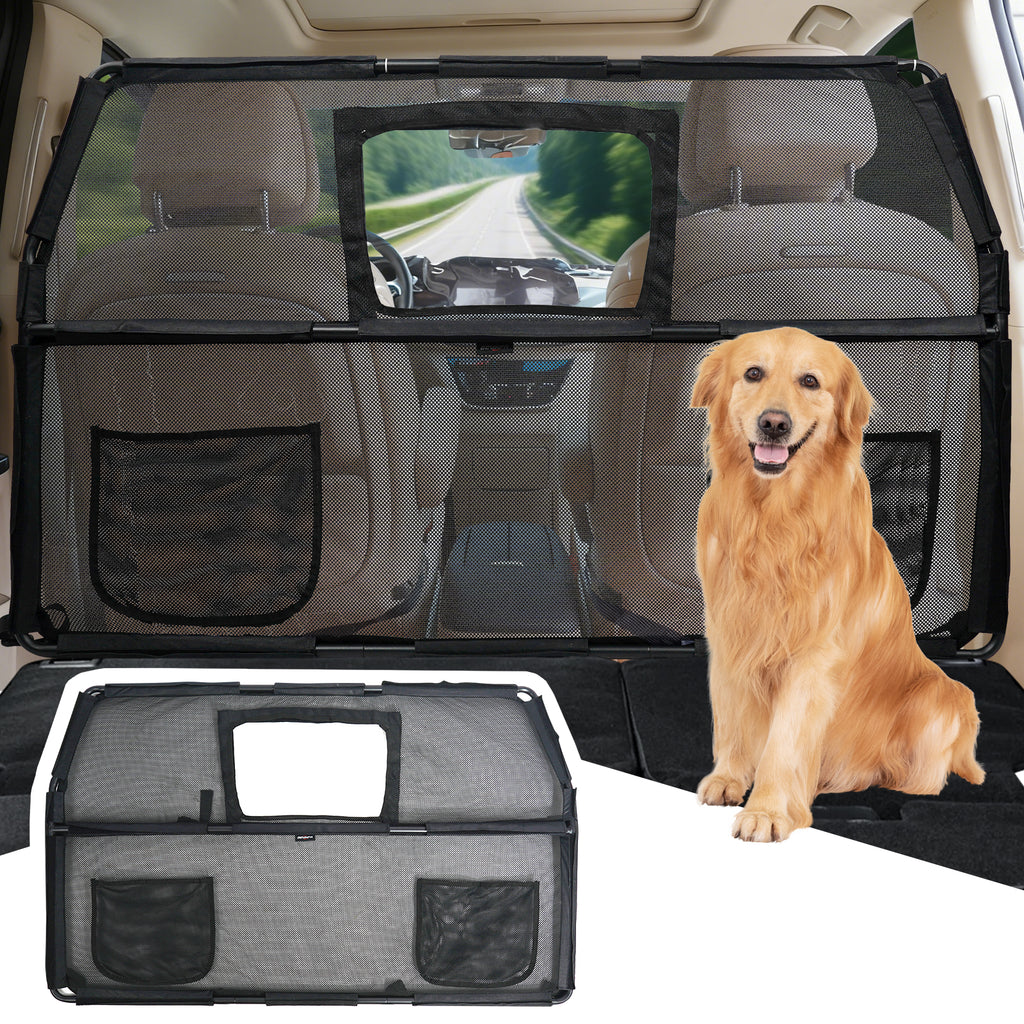 GEVINFA 52" Dog Car Barrier for SUV, Wide Escape-Proof & Chew-Proof Dog Car Divider with Removable Visual Window & 2 Storage Pockets, Pet Net Gate for Behind Front Seats, Fits Sedans Cars Trucks
