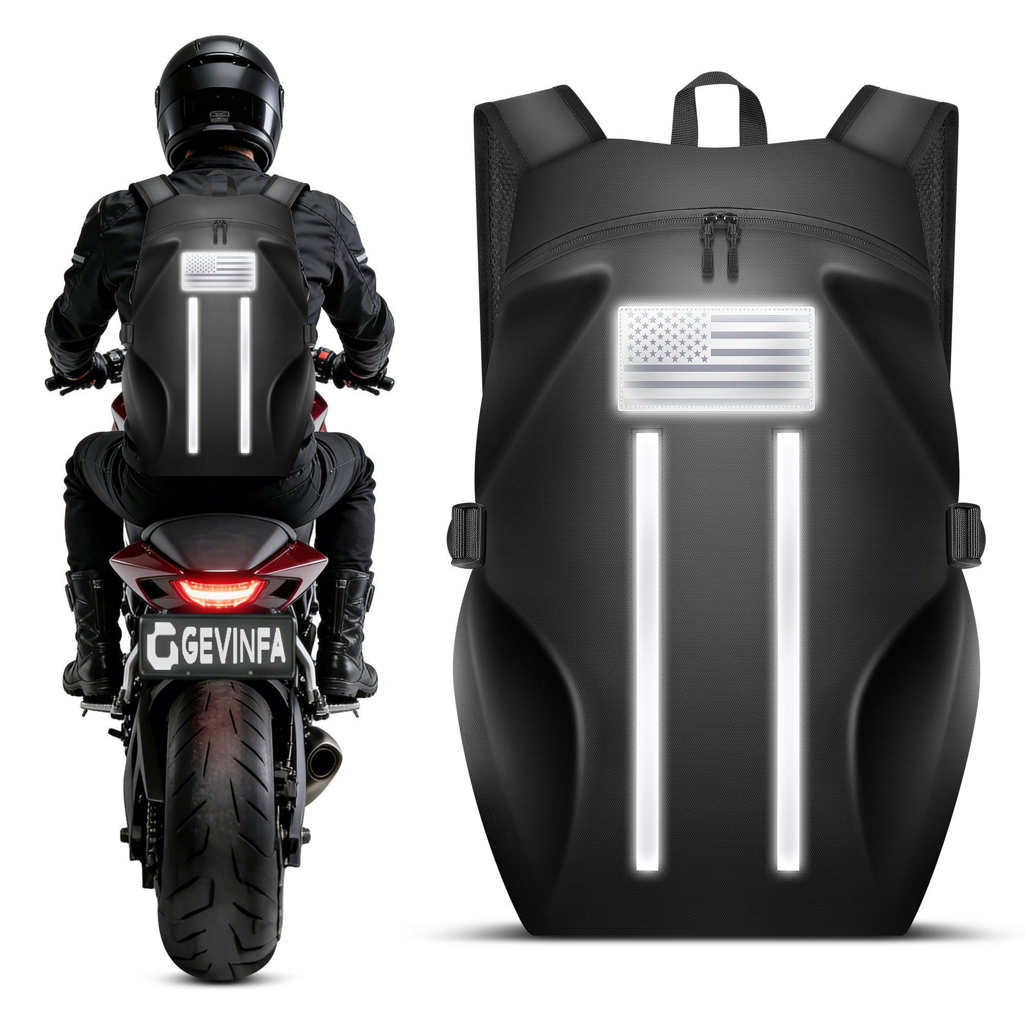 GEVINFA Motorcycle Backpack, Waterproof Helmet Backpack with Reflective Strips & Reflective Flag Logo, Large Bag with Laptop Pocket, Perfect for Travel, Daily Commute, Office Trips & Outdoor Riding