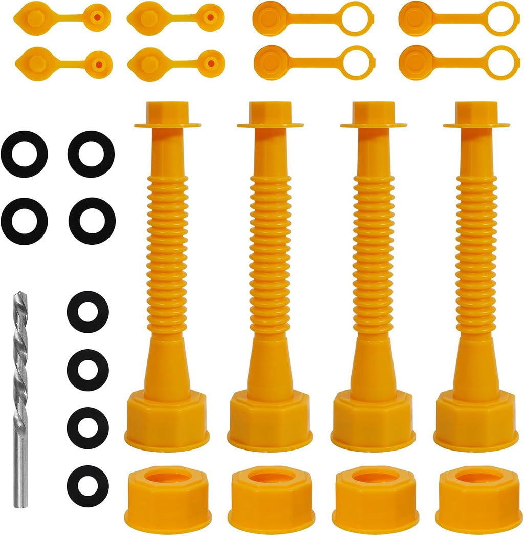 Gas Can Spout Replacement, Gas Can Nozzle Spouts 4 Kit,with 8 Screw Collar Caps(4 Coarse Thread&4 Fine Thread Fits Most Cans) with 8 Gas Can Gasket, Spout Cap, Gas Can Vent Caps,with Drill(33 PCS)