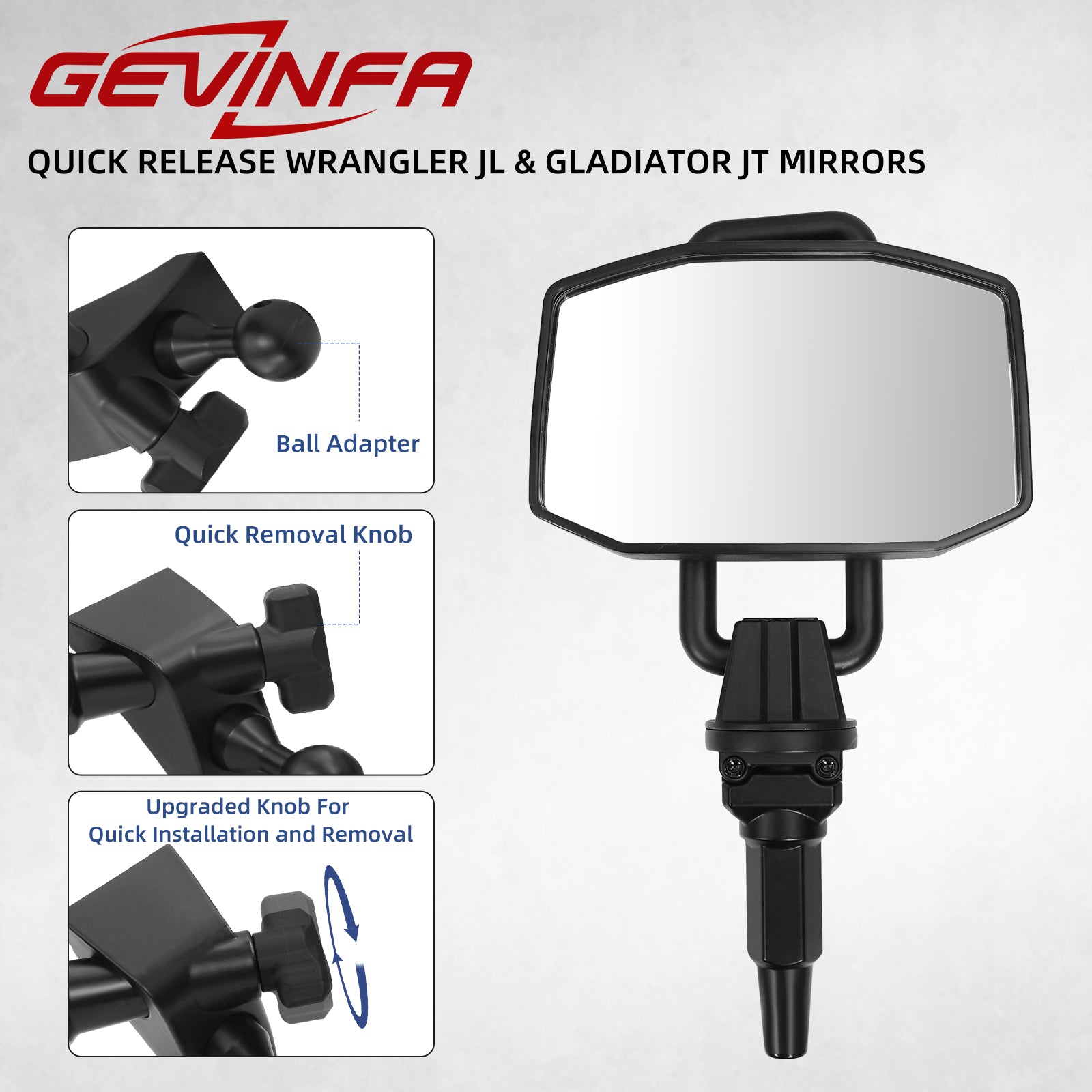 GEVINFA Upgraded Mirrors Doors Off Compatible with Jeep Wrangler JL JLU and Gladiator JT 2024-2026, Quick Release JL Mirror, No Wobble & Quick Removal knob(Not Fit 1986-2023) Patented