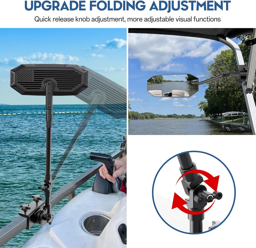 Boat Mirror, 2026 New Flag Pontoon Boat Mirror Rear View Foldable Design & Telescoping Pole | 4.8"*12.4" Large Marine Mirrors Easy Clamp on Rail for Pontoon Boat Accessories, Ski Boats