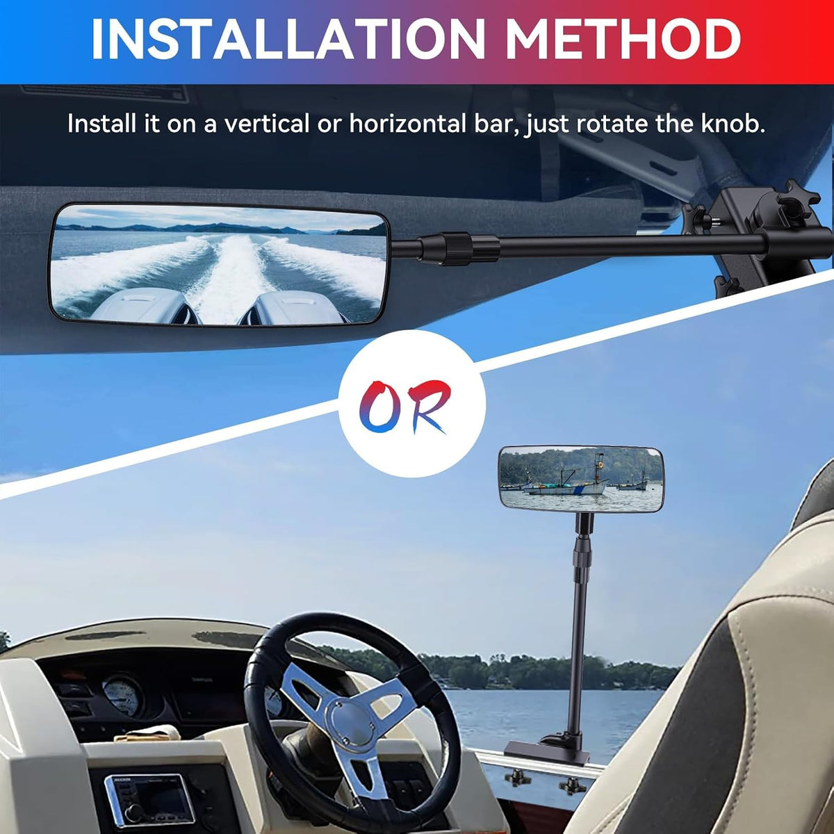 Boat Mirror, Upgraded Pontoon Boat Rear View Mirror with Telescopic Pole & Heavy Duty Bracket,Wide Angle 3.7"x11"Adjustable Marine Rear View Mirror for Pontoon Boat Ski Boats Water Skiing