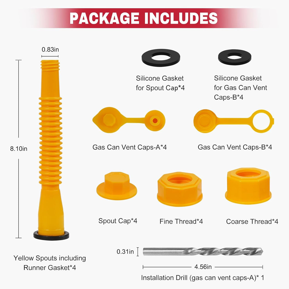 Gas Can Spout Replacement, Gas Can Nozzle Spouts 4 Kit,with 8 Screw Collar Caps(4 Coarse Thread&4 Fine Thread Fits Most Cans) with 8 Gas Can Gasket, Spout Cap, Gas Can Vent Caps,with Drill(33 PCS)