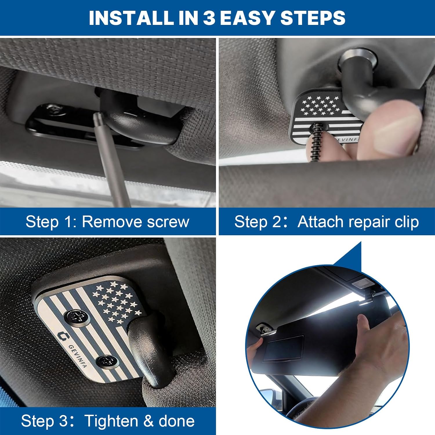GEVINFA Sun Visor Repair Kit Compatible with Ram 1500 2019-2026, 2 Pack Upgraded Aluminum Alloy Visor Clips with US-Flag for Fixing Sagging Sun Visor, Patriotic Truck Interior Ram 1500 Accessories