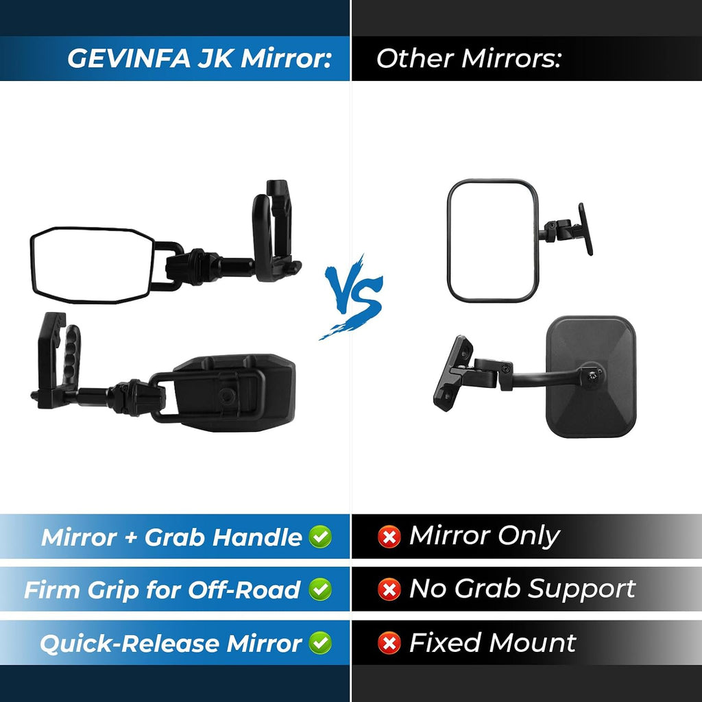 Mirrors Doors Off for Jeep Wrangler JK JKU 2007-2018, 2-in-1 Front Grab Handle & Quick Release Side View JK Mirror with 1" Ball Mount, Aluminum Alloy, 2&4 Door Off-Road Accessories