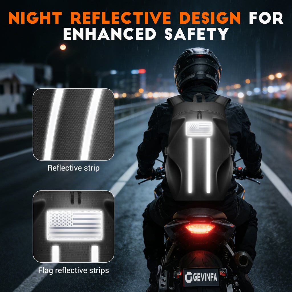 GEVINFA Motorcycle Backpack, Waterproof Helmet Backpack with Reflective Strips & Reflective Flag Logo, Large Bag with Laptop Pocket, Perfect for Travel, Daily Commute, Office Trips & Outdoor Riding