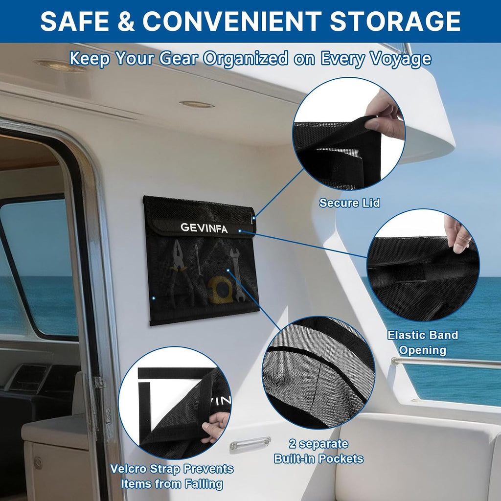 GEVINFA Boat Storage Mesh Bags Self-Adhesive Velcro Pocket Organizer 2 PCS