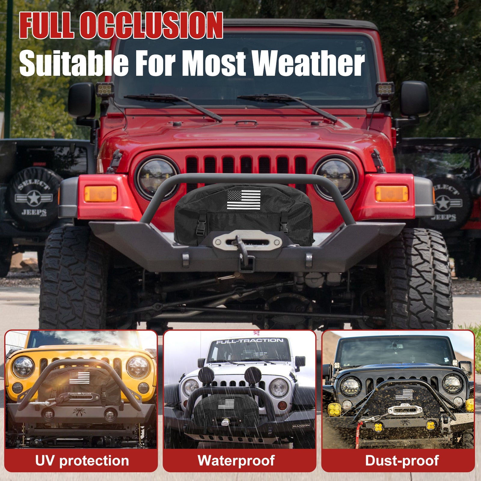 GEVINFA Winch Cover, 2026 Latest Flag Waterproof Dust-Proof Winch Protective Cover, Indoor & Outdoor Winch Accessories for 8000-13500 lbs Electric Winches With Adjustable UV Resistant Cover