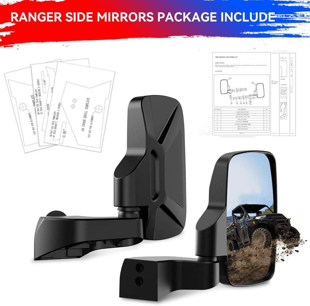 Ranger Side Rear View Mirrors Full-Door Mounted, GEVINFA UTV Side Mirrors for Polaris Ranger Door Compatible With 2018-24 Polaris Ranger CREW SP XP 570 1000 2019-23 Commercial Pro XD(WITH DRILL)