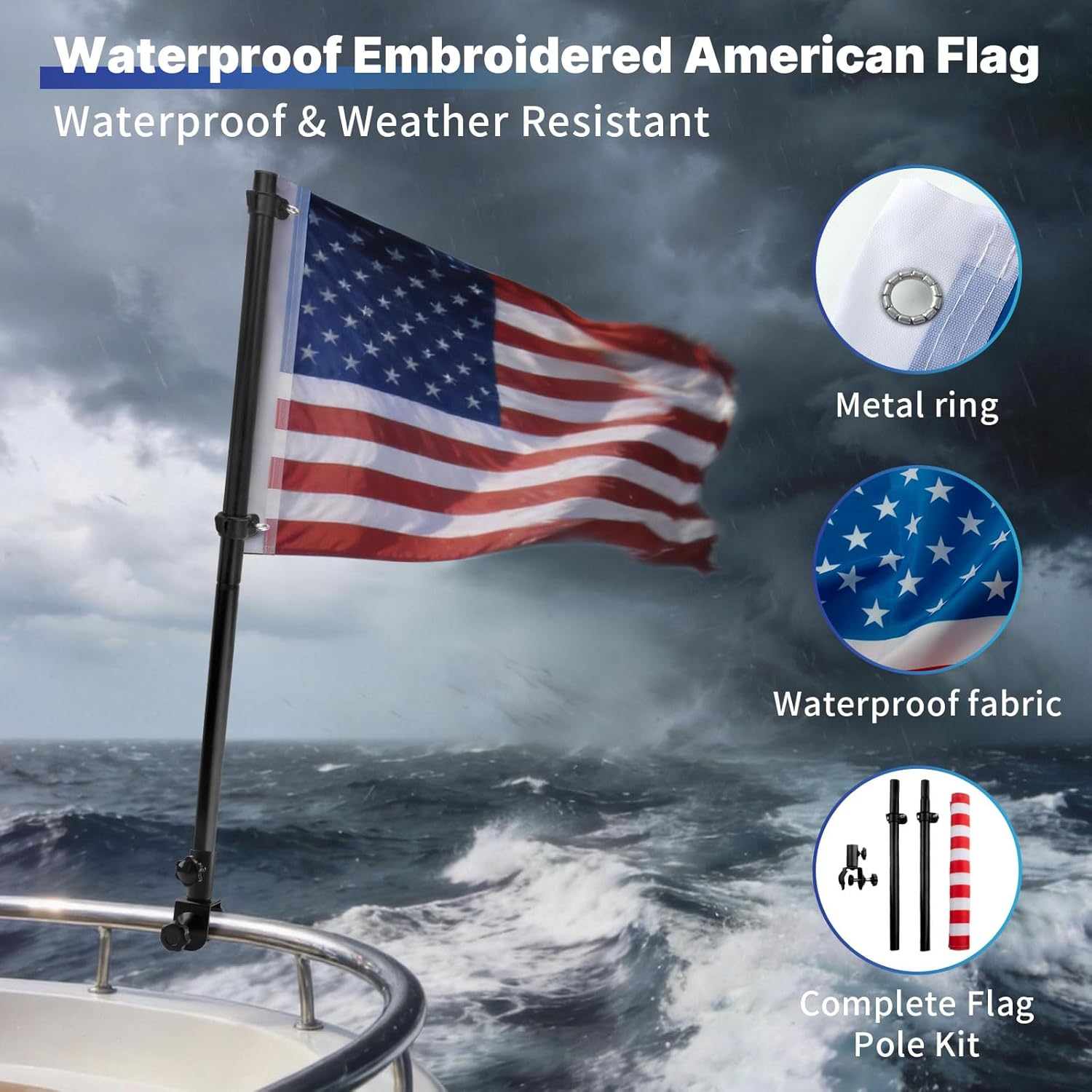 GEVINFA Boat Flag Pole Kit 15x28" American USA Flag, 50 Stars Marine Flag