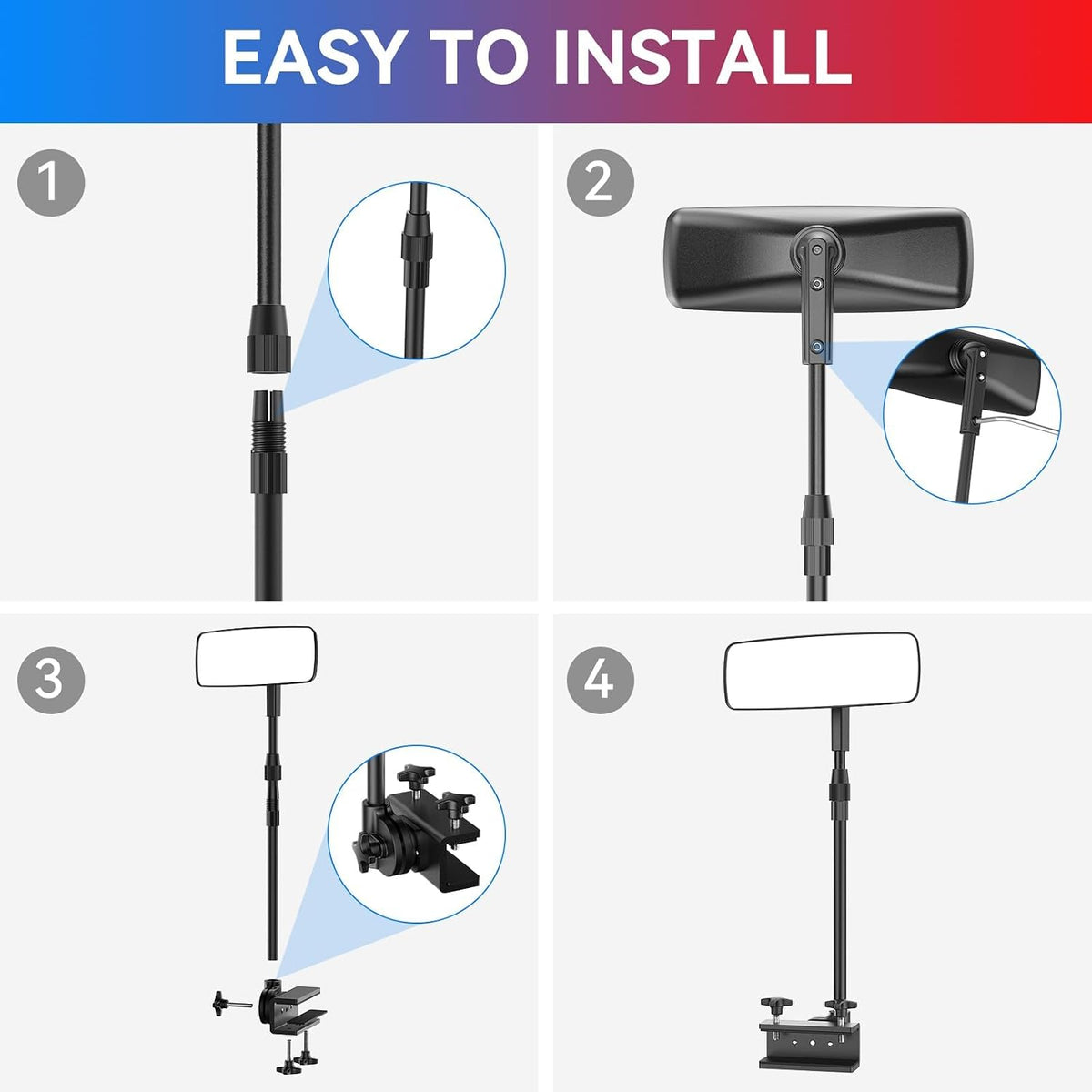 Boat Mirror, Upgraded Pontoon Boat Rear View Mirror with Telescopic Pole & Heavy Duty Bracket,Wide Angle 3.7"x11"Adjustable Marine Rear View Mirror for Pontoon Boat Ski Boats Water Skiing