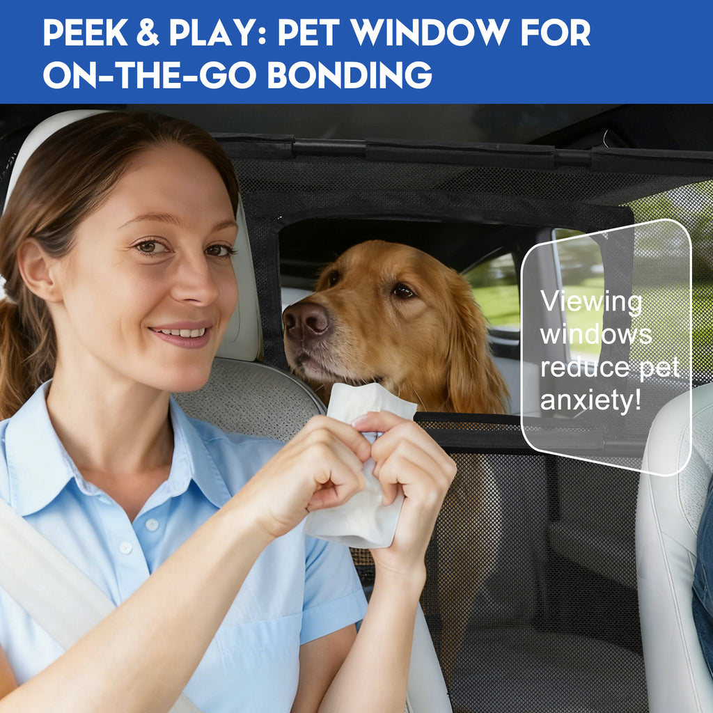 GEVINFA 52" Dog Car Barrier for SUV, Wide Escape-Proof & Chew-Proof Dog Car Divider with Removable Visual Window & 2 Storage Pockets, Pet Net Gate for Behind Front Seats, Fits Sedans Cars Trucks