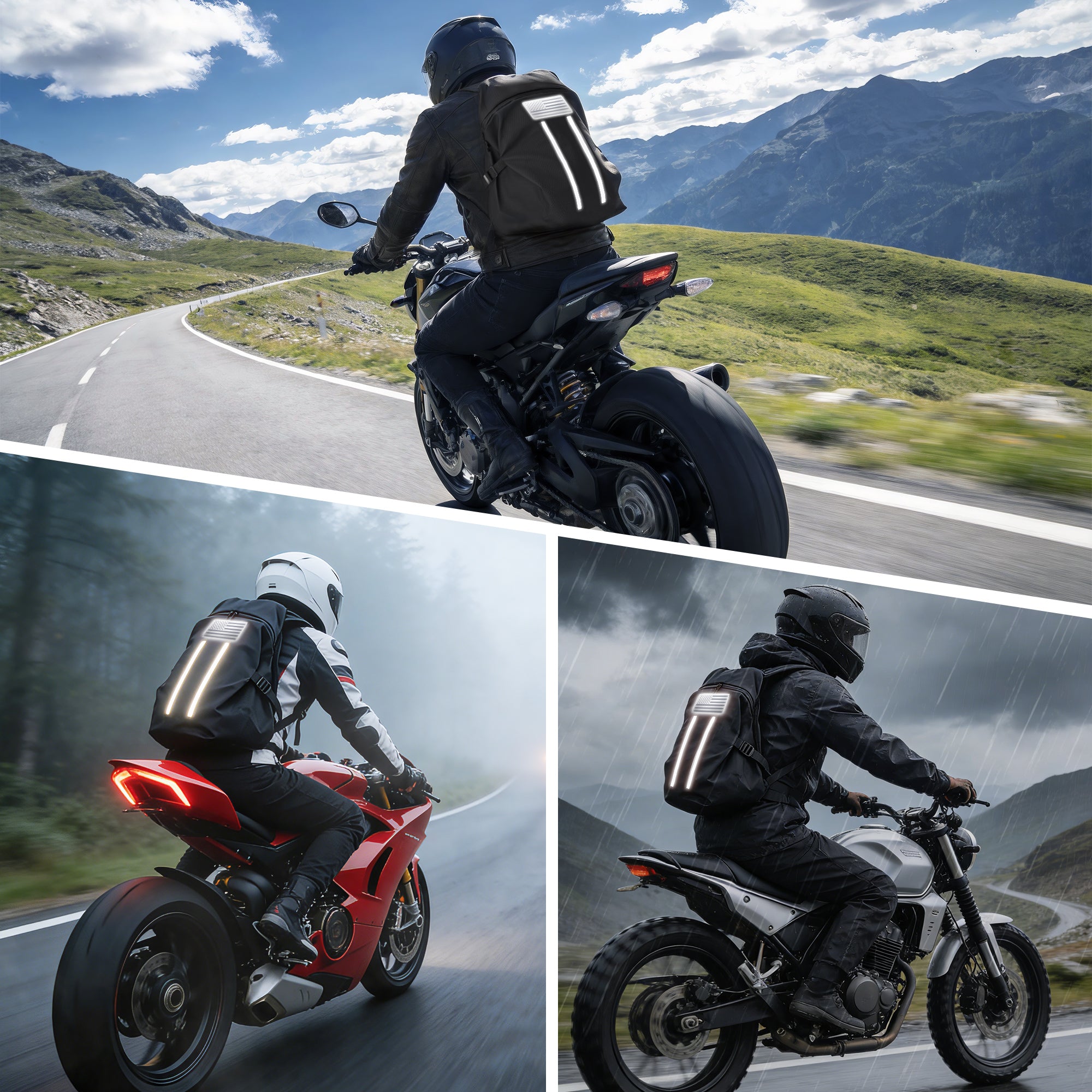 GEVINFA Motorcycle Backpack, Waterproof Helmet Backpack with Reflective Strips & Reflective Flag Logo, Large Bag with Laptop Pocket, Perfect for Travel, Daily Commute, Office Trips & Outdoor Riding