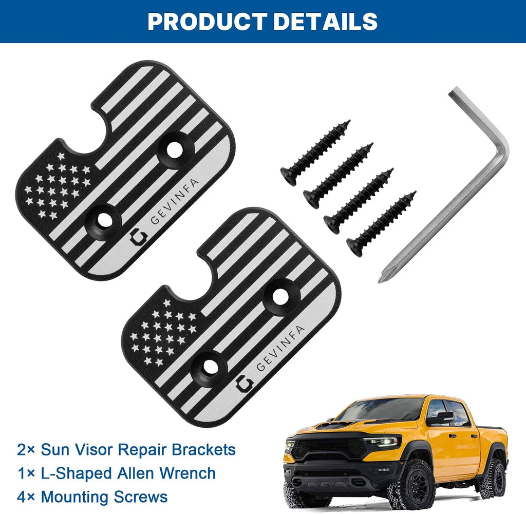 GEVINFA Sun Visor Repair Kit Compatible with Ram 1500 2019-2026, 2 Pack Upgraded Aluminum Alloy Visor Clips with US-Flag for Fixing Sagging Sun Visor, Patriotic Truck Interior Ram 1500 Accessories
