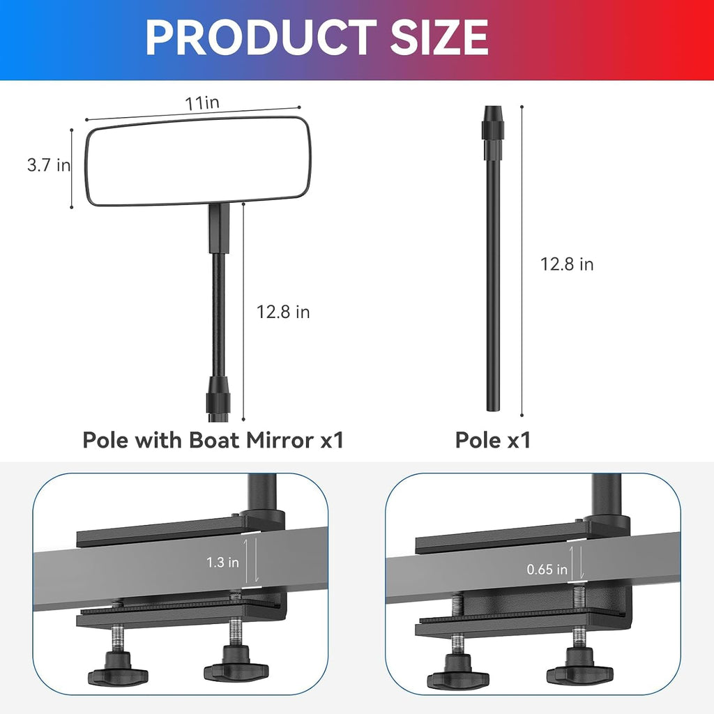 Boat Mirror, Upgraded Pontoon Boat Rear View Mirror with Telescopic Pole & Heavy Duty Bracket,Wide Angle 3.7"x11"Adjustable Marine Rear View Mirror for Pontoon Boat Ski Boats Water Skiing