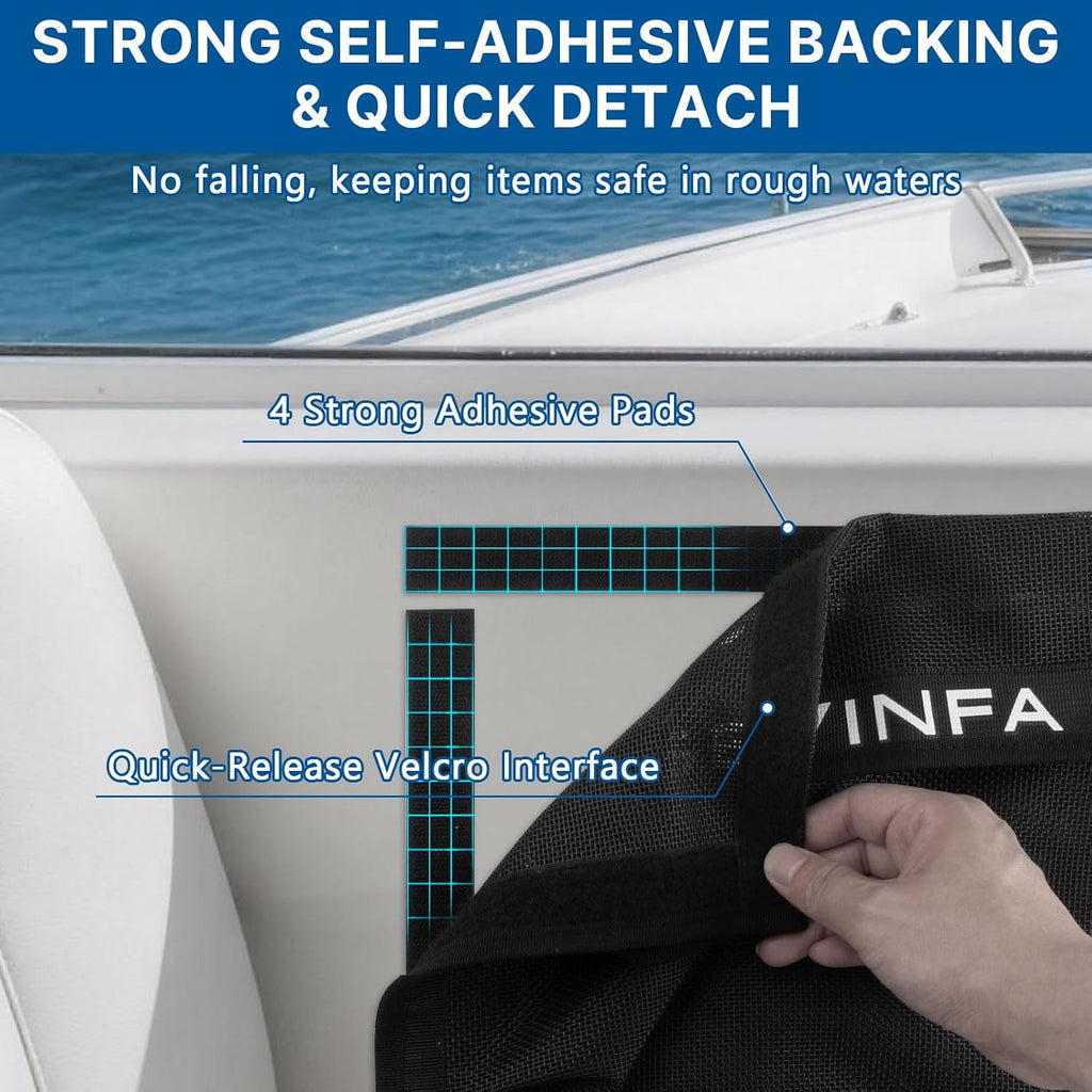 GEVINFA Boat Storage Mesh Bags Self-Adhesive Velcro Pocket Organizer 2 PCS