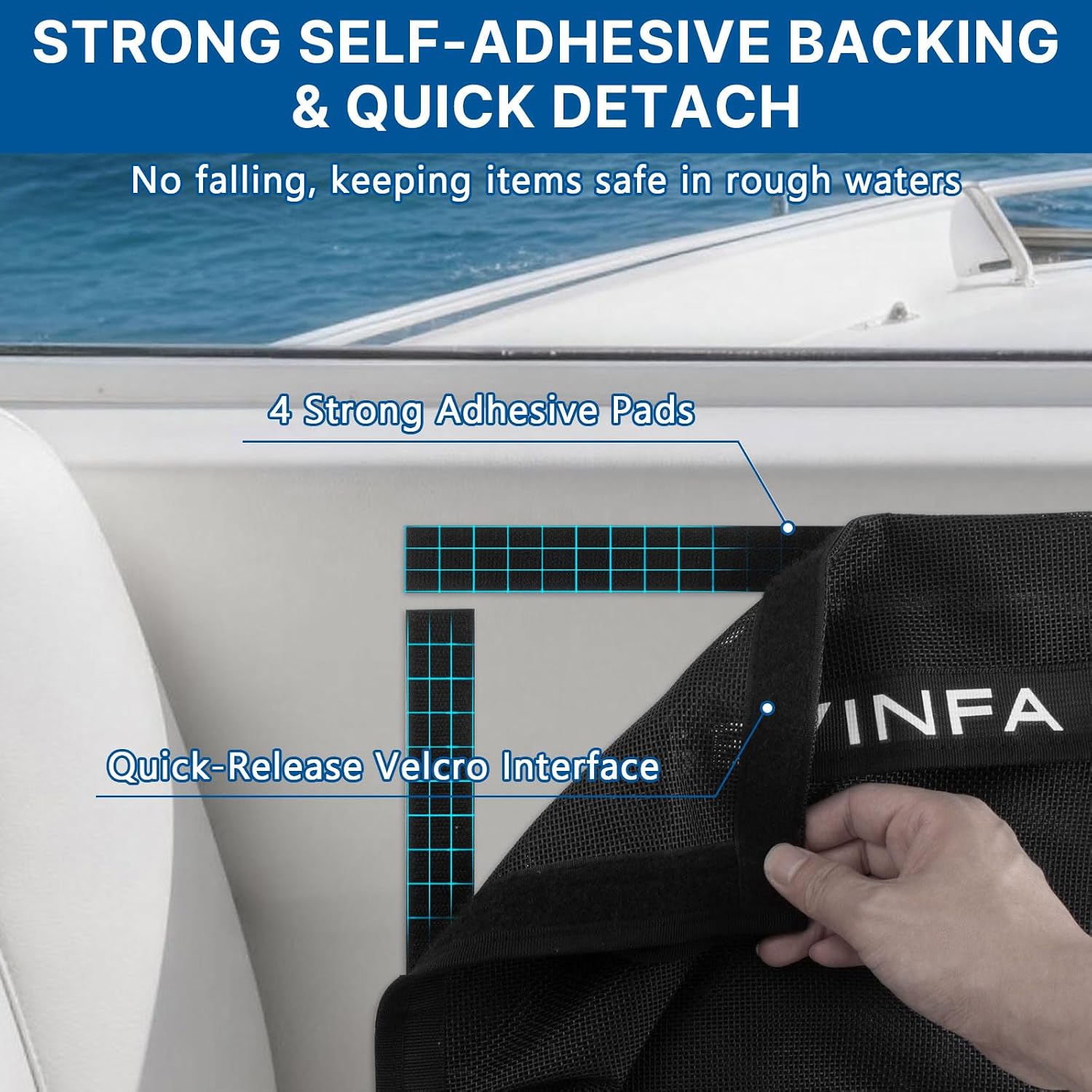 GEVINFA Boat Storage Mesh Bags Self-Adhesive Velcro Pocket Organizer 2 PCS