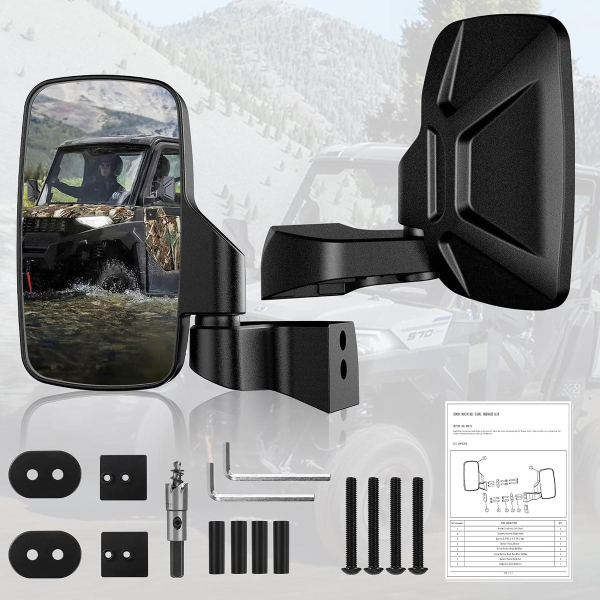 Ranger Side Rear View Mirrors Full-Door Mounted, GEVINFA UTV Side Mirrors for Polaris Ranger Door Compatible With 2018-24 Polaris Ranger CREW SP XP 570 1000 2019-23 Commercial Pro XD(WITH DRILL)