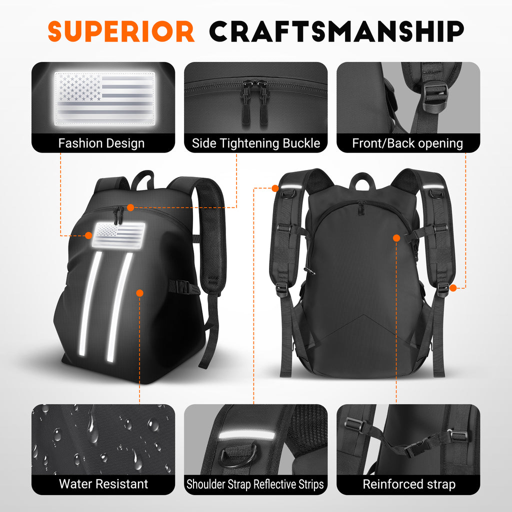 GEVINFA Motorcycle Backpack, Waterproof Helmet Backpack with Reflective Strips & Reflective Flag Logo, Large Bag with Laptop Pocket, Perfect for Travel, Daily Commute, Office Trips & Outdoor Riding