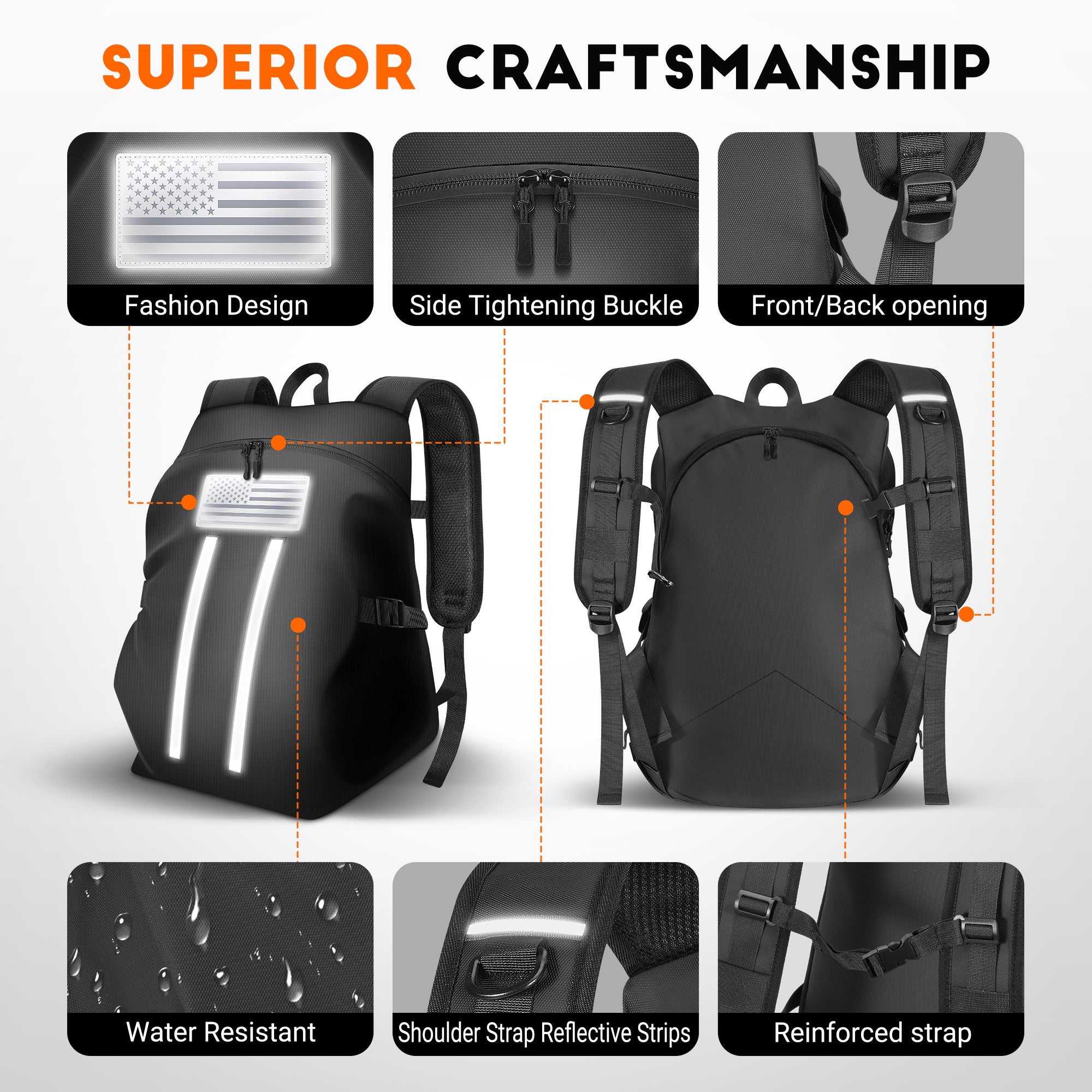 GEVINFA Motorcycle Backpack, Waterproof Helmet Backpack with Reflective Strips & Reflective Flag Logo, Large Bag with Laptop Pocket, Perfect for Travel, Daily Commute, Office Trips & Outdoor Riding