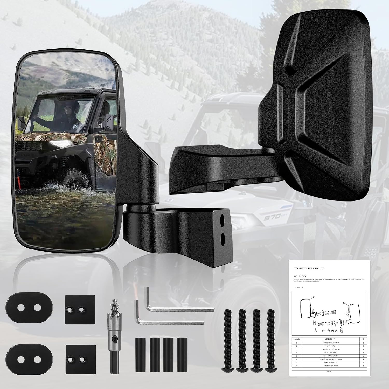 Ranger Side Rear View Mirrors Full-Door Mounted, GEVINFA UTV Side Mirrors for Polaris Ranger Door Compatible With 2018-24 Polaris Ranger CREW SP XP 570 1000 2019-23 Commercial Pro XD(WITH DRILL)