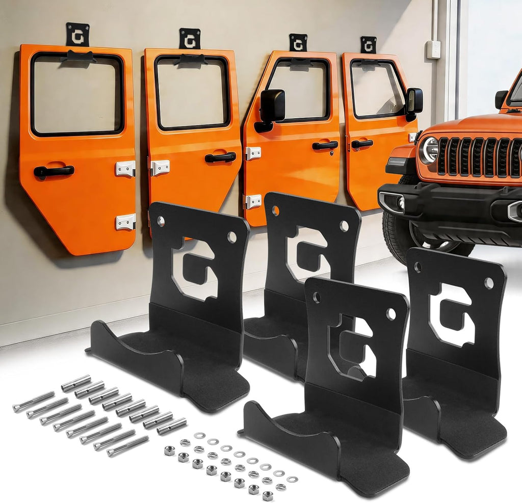 GEVINFA 4PCS Door Storage Hangers, Wall Mount Door Holder Rack with EVA Cushion, Metal Hardware, Fits 1956-2026 Wrangler CJ YJ TJ LJ JK JKU JL JLU Gladiator JT Ford, 60 Lbs, Garage Storage