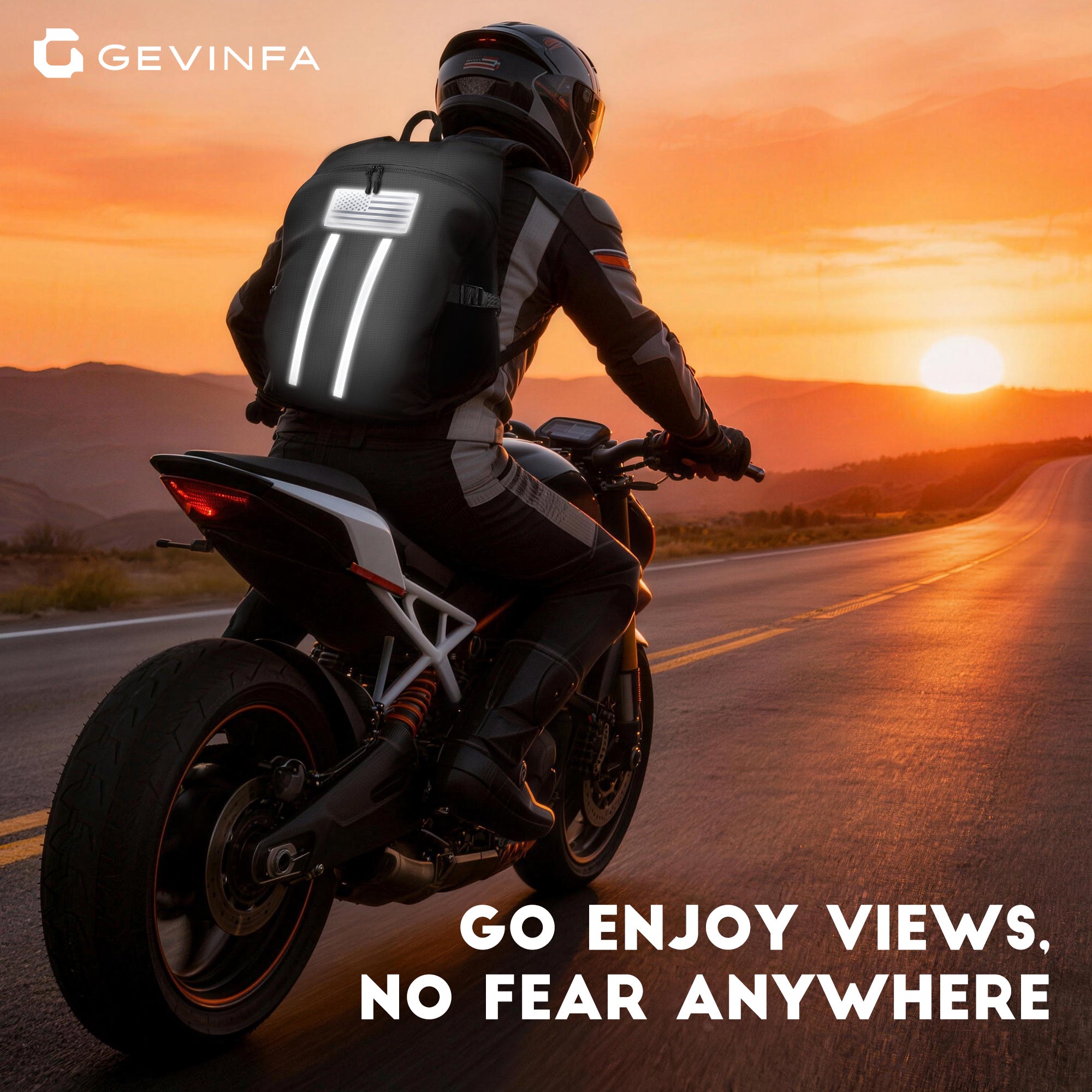 GEVINFA Motorcycle Backpack, Waterproof Helmet Backpack with Reflective Strips & Reflective Flag Logo, Large Bag with Laptop Pocket, Perfect for Travel, Daily Commute, Office Trips & Outdoor Riding