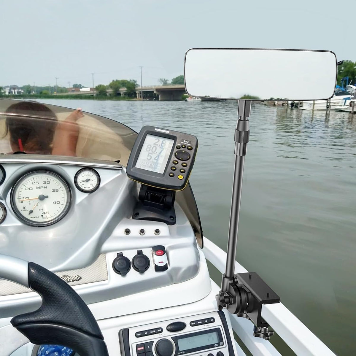 Boat Mirror, Upgraded Pontoon Boat Rear View Mirror with Telescopic Pole & Heavy Duty Bracket,Wide Angle 3.7"x11"Adjustable Marine Rear View Mirror for Pontoon Boat Ski Boats Water Skiing