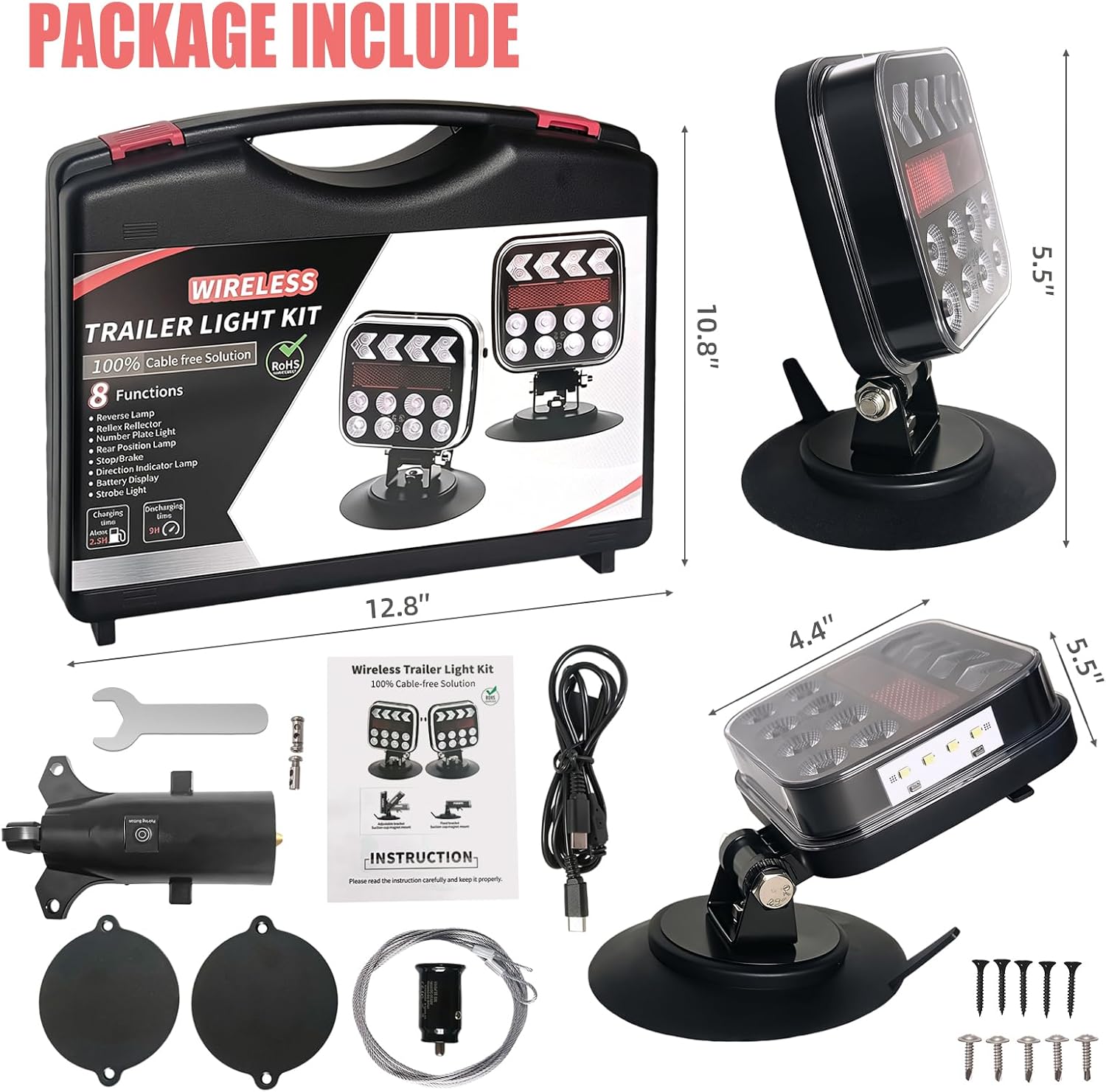 Wireless Trailer Lights, Magnetic LED Kit for Tow Trucks, Boats