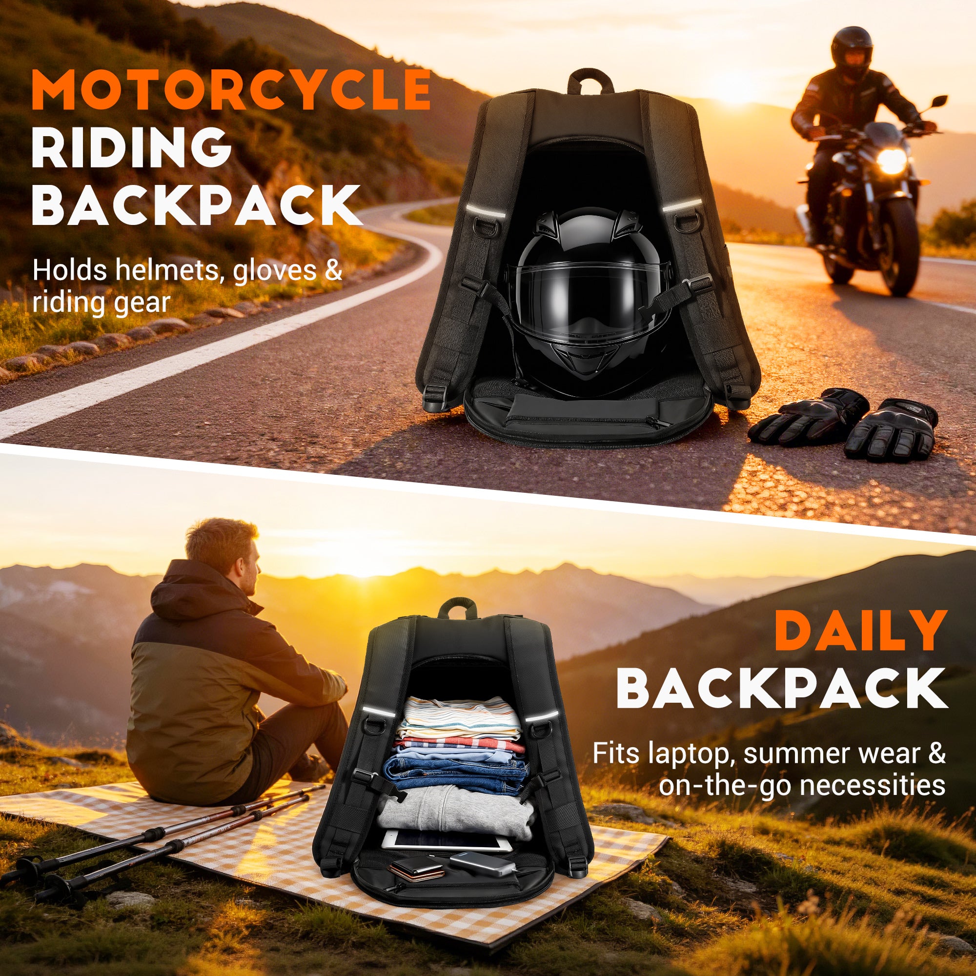 GEVINFA Motorcycle Backpack, Waterproof Helmet Backpack with Reflective Strips & Reflective Flag Logo, Large Bag with Laptop Pocket, Perfect for Travel, Daily Commute, Office Trips & Outdoor Riding