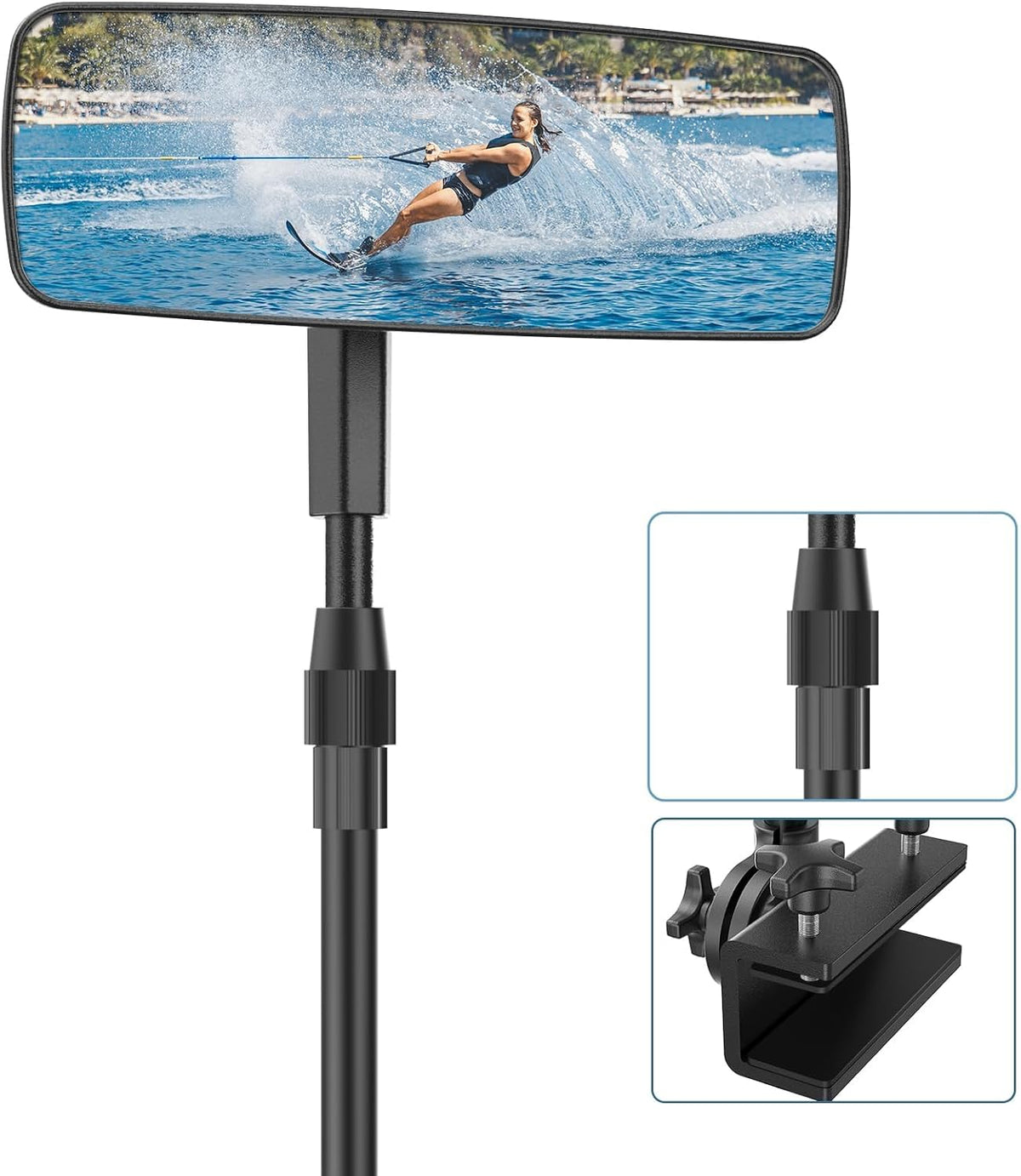 Boat Mirror, Upgraded Pontoon Boat Rear View Mirror with Telescopic Pole & Heavy Duty Bracket,Wide Angle 3.7"x11"Adjustable Marine Rear View Mirror for Pontoon Boat Ski Boats Water Skiing