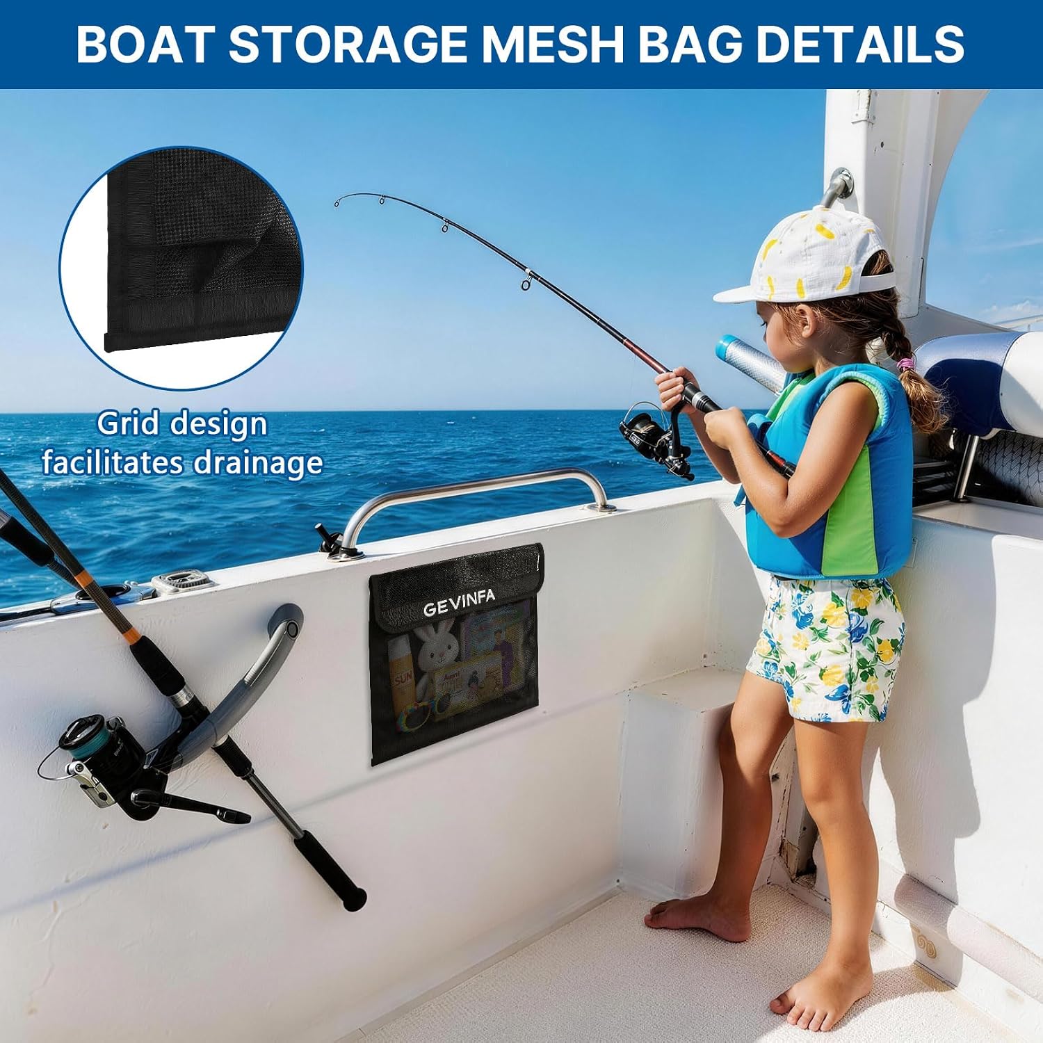 GEVINFA Boat Storage Mesh Bags Self-Adhesive Velcro Pocket Organizer 2 PCS